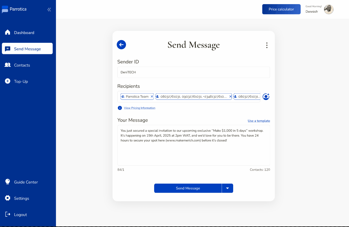 Message sent successfully - showing 120 contacts with delivery report option